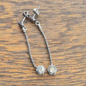 Very dangly vintage earrings, pewtertone, with mini crystal inset.